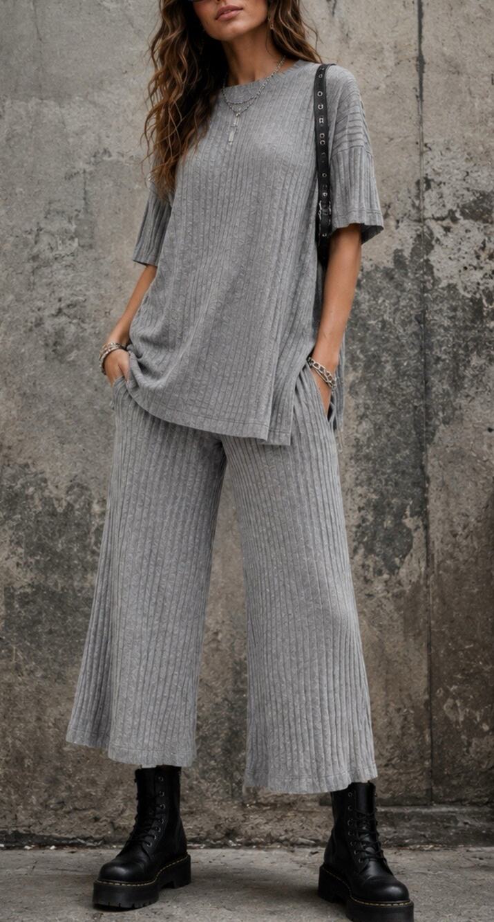 Dressed in LALA Gray Ribbed Matching Set Oversized Top Wide Leg Pants Women’s S